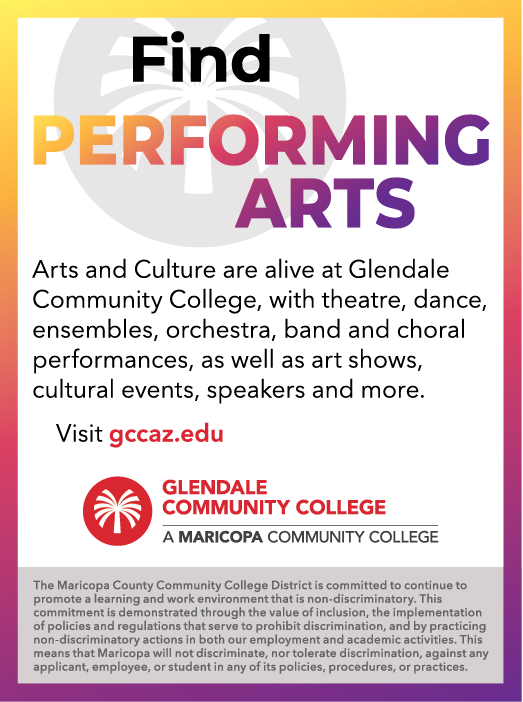 A flyer advertises a performing arts event at the Glendale Community College. AI generated content