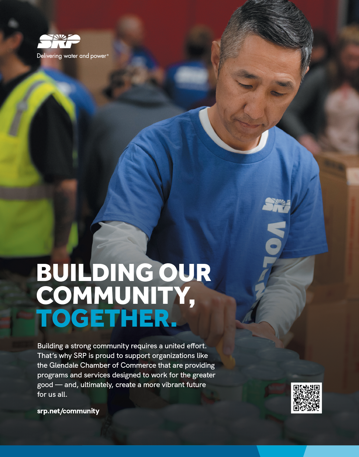 A man in a blue shirt is working on a canned food drive. AI generated content