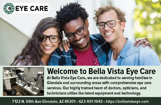 Three people pose for a photo in front of a sign for an eye care center. AI generated content