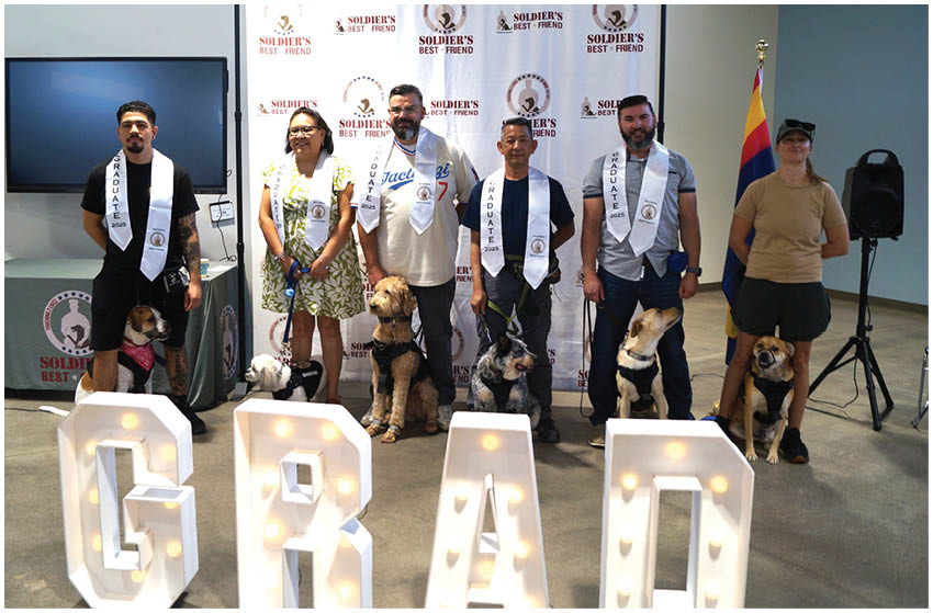A group of people and dogs pose for a photo in front of a banner. AI generated content