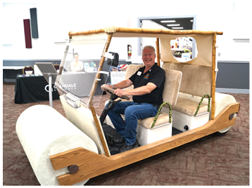 A man is sitting in a golf cart with a wooden seat and a canopy. AI generated content