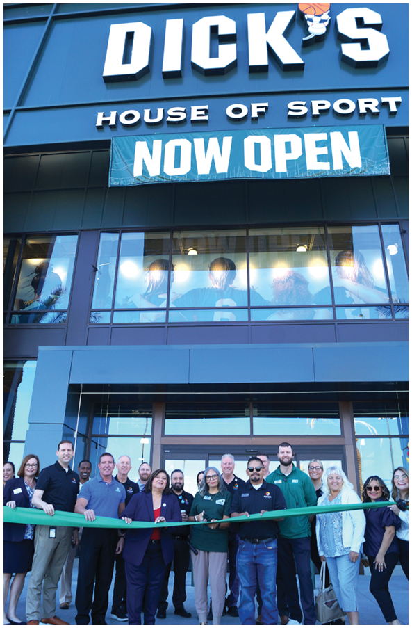 A group of people are standing in front of a store, holding a ribbon. AI generated content