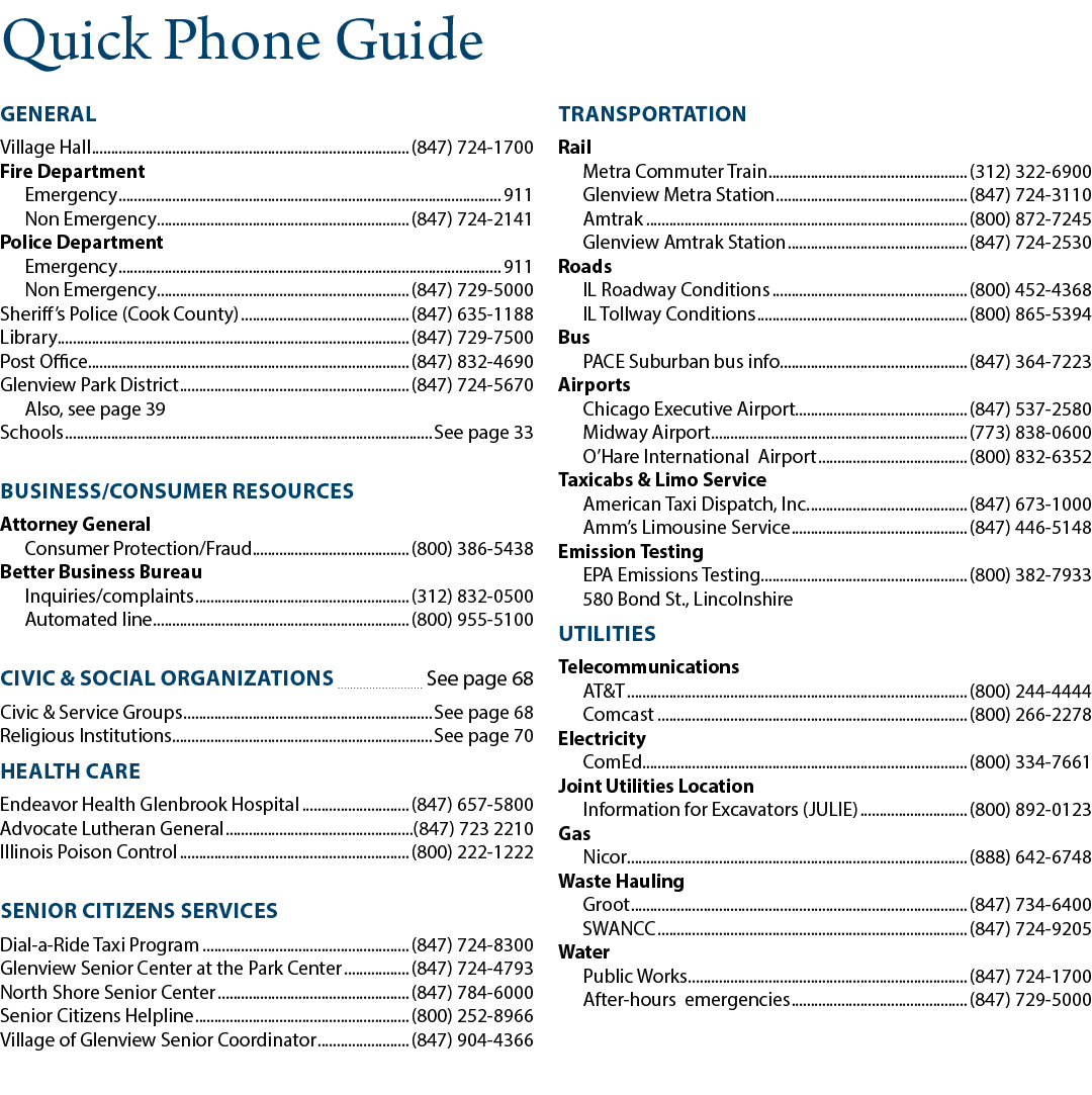 Quick Phone Guide GENERAL Village Hall (847) 724 1700 Fire Department Emergency 911 Non Emergency (847) 724 2141 Poli...