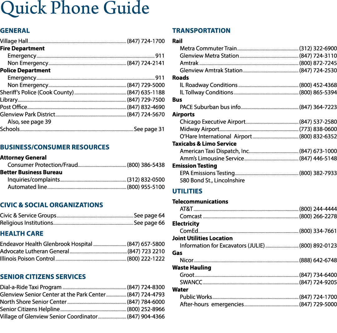 Quick Phone Guide GENERAL Village Hall (847) 724 1700 Fire Department Emergency 911 Non Emergency (847) 724 2141 Poli...