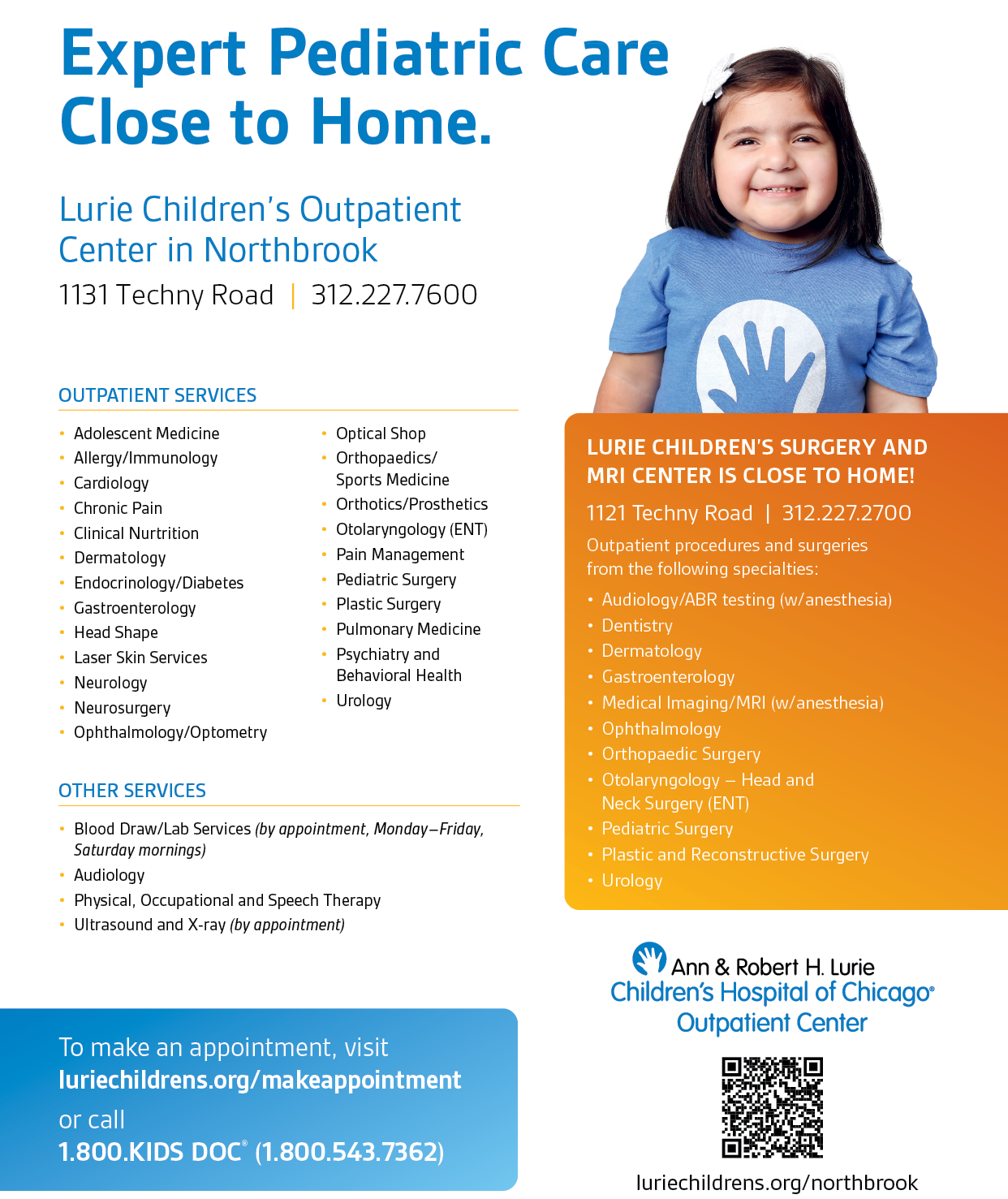 A flyer for Lurie Children's Outpatient Center in Northbrook. Description generated by AI