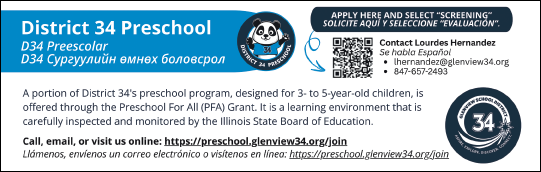 A blue sign with the words “District 34 Preschool" written in white. Description generated by AI
