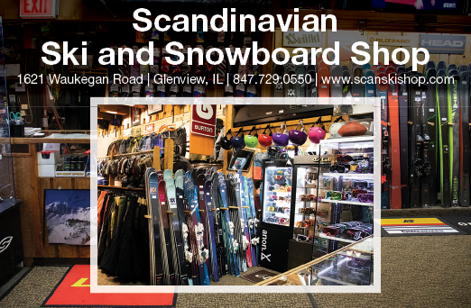 A store with a sign that says “Scandinavian Ski and Snowboard Shop". Description generated by AI