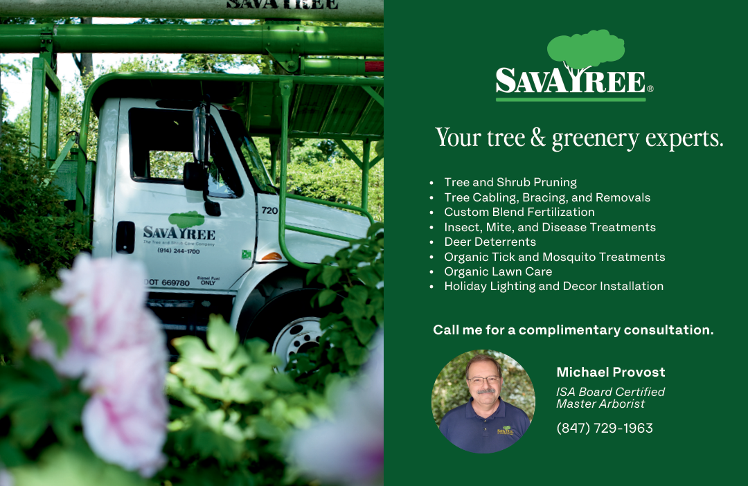 A man in a blue shirt is standing in front of a truck that says Sav-A-Tree. Description generated by AI
