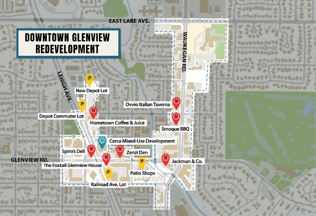 A map of downtown Glenview with many businesses and points of interest. Description generated by AI