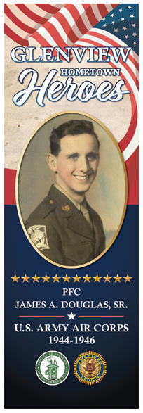 A man's picture is on a blue and red poster. Description generated by AI