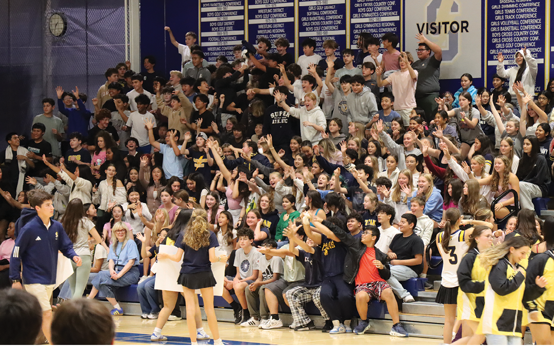 A crowd of people are sitting in bleachers. Description generated by AI