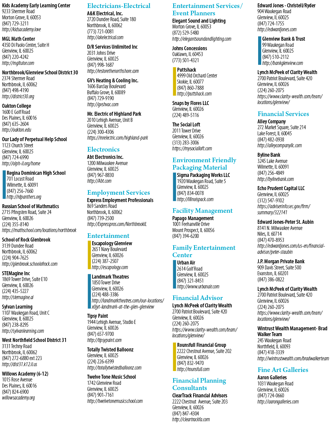 A list of businesses with their phone numbers and addresses. Description generated by AI