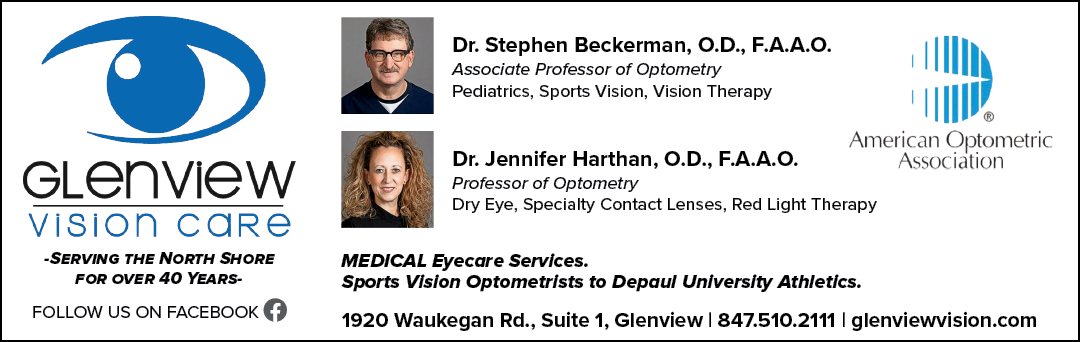 A man and woman are on a sign for Glenview Vision Care. Description generated by AI