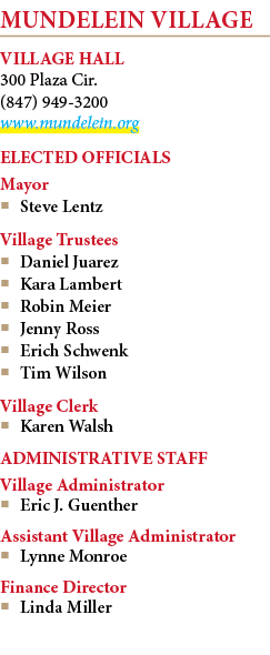 MUNDELEIN VILLAGE VILLAGE HALL 300 Plaza Cir. (847) 949‑3200 www.mundelein.org ELECTED OFFICIALS Mayor  Steve Lentz ...