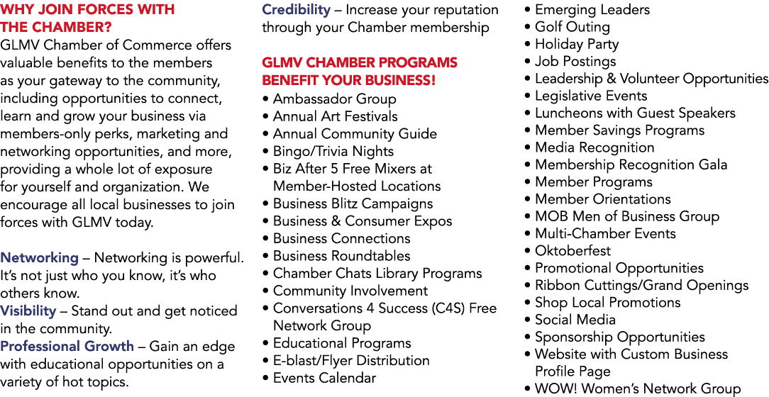 WHY JOIN FORCES WITH THE CHAMBER? GLMV Chamber of Commerce offers valuable benefits to the members as your gateway to...