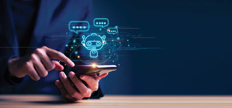Businessman using smartphone for digital chatbot, A.I., robot application, conversation assistant, AI Artificial Intelligence concept, digital chatbot on virtual screen.