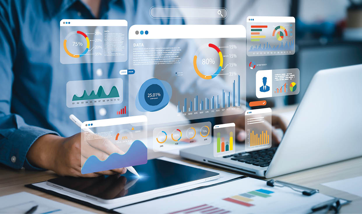 An analyst uses a computer and dashboard for data business analysis and Data Management System with KPI and metrics connected to the database for technology finance, operations, sales, marketing