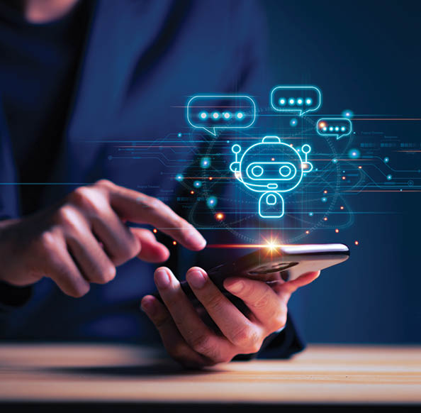 Businessman using smartphone for digital chatbot, A.I., robot application, conversation assistant, AI Artificial Intelligence concept, digital chatbot on virtual screen.