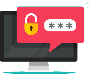 Desktop computer with unlocked password bubble notification, flat cartoon design or pc screen with open lock and password field