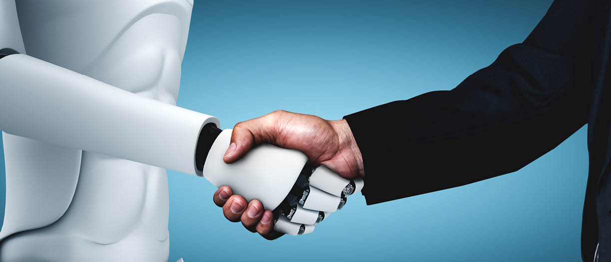 3D rendering humanoid robot handshake to collaborate future technology development by AI thinking brain, artificial intelligence and machine learning process for 4th industrial revolution.