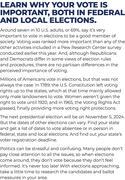 Learn why your vote is important, both in federal and local elections. Around seven in 10 U.S. adults, or 69%, say it...