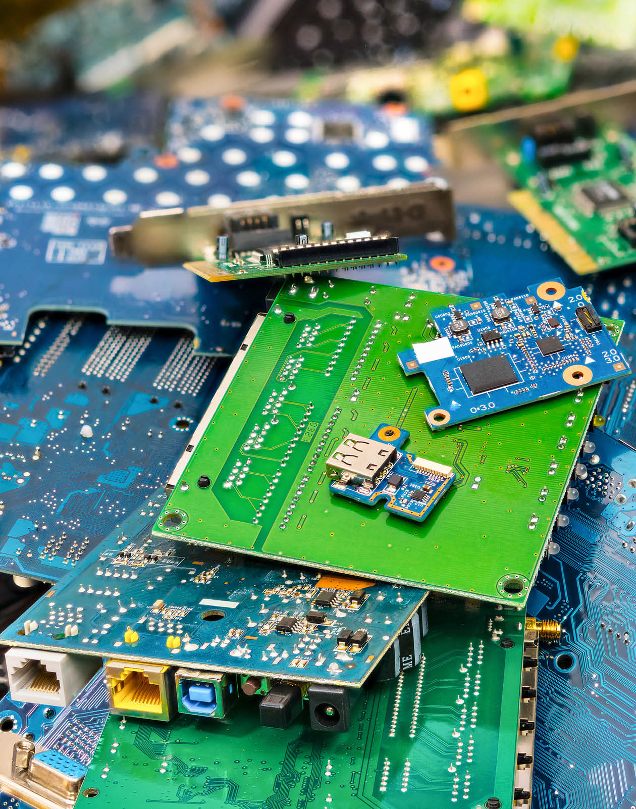 Connectors, PCB, notebook cards. Colorful blurry background from PC components. Mainboards, integrated circuit boards, UTP, USB. Idea of electronics industry, eco, sorting and disposal of electronic waste