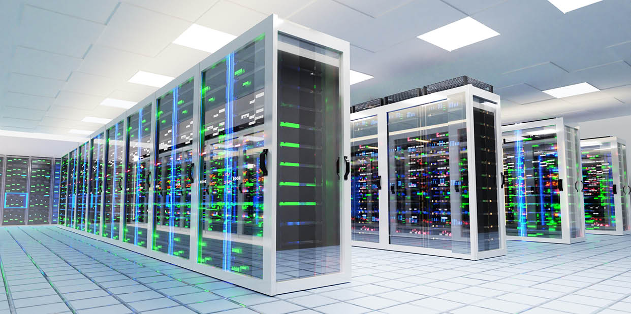 Modern server room, corridor in data centre with Supercomputer racks, neon lights and conditioners. 3D rendering illustration