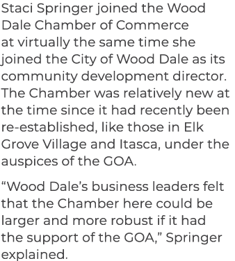 Staci Springer joined the Wood Dale Chamber of Commerce at virtually the same time she joined the City of Wood Dale a...
