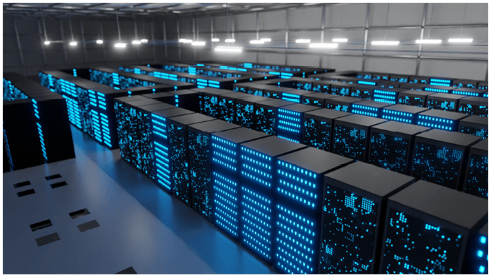 Data processing and storage center. Server room. Supercomputer. Technology.