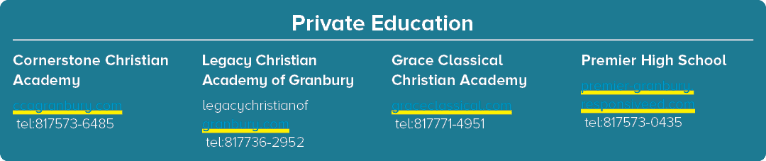Private Education Cornerstone Christian Academy ccagranbury.com tel:817573 6485 Legacy Christian Academy of Granbury ...
