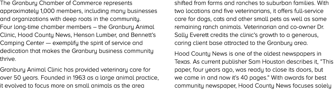 The Granbury Chamber of Commerce represents approximately 1,000 members, including many businesses and organizations ...