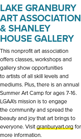 LAKE GRANBURY ART ASSOCiation & SHANLEY HOUSE GALLERY This nonprofit art association offers classes, workshops and ga...
