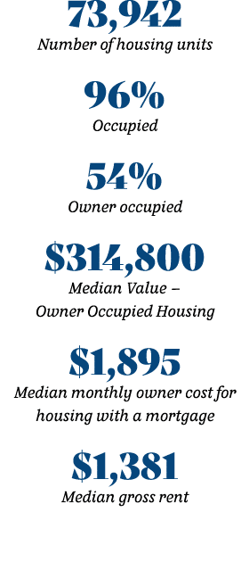 73,942 Number of housing units 96% Occupied 54% Owner occupied $314,800 Median Value – Owner Occupied Housing $1,895 ...