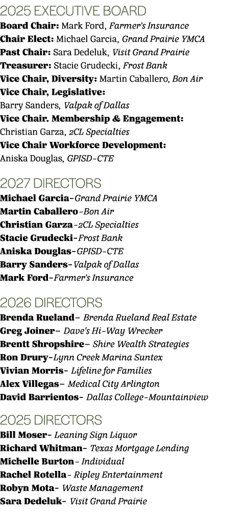2025 Executive Board Board Chair: Mark Ford, Farmer’s Insurance Chair Elect: Michael Garcia, Grand Prairie YMCA Past ...