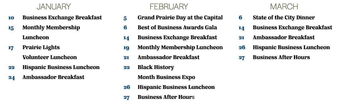 JANUARY 10 Business Exchange Breakfast 15 Monthly Membership Luncheon 17 Prairie Lights Volunteer Luncheon 22 Hispani...