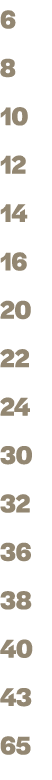6 8 10 12 14 16 20 22 24 30 32 36 38 40 43 65