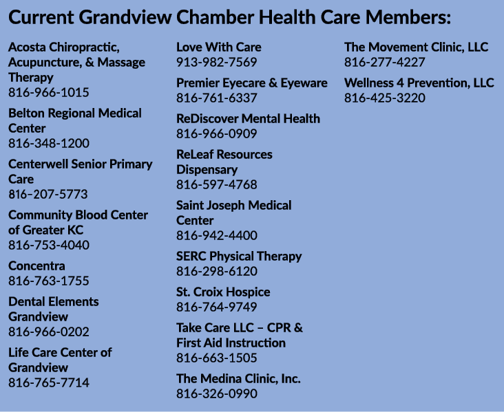 Current Grandview Chamber Health Care Members: Acosta Chiropractic, Acupuncture, & Massage Therapy 816 966 1015 Belto...