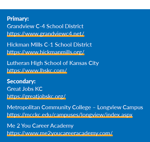 Primary: Grandview C 4 School District https://www.grandviewc4.net/ Hickman Mills C 1 School District https://www.hic...
