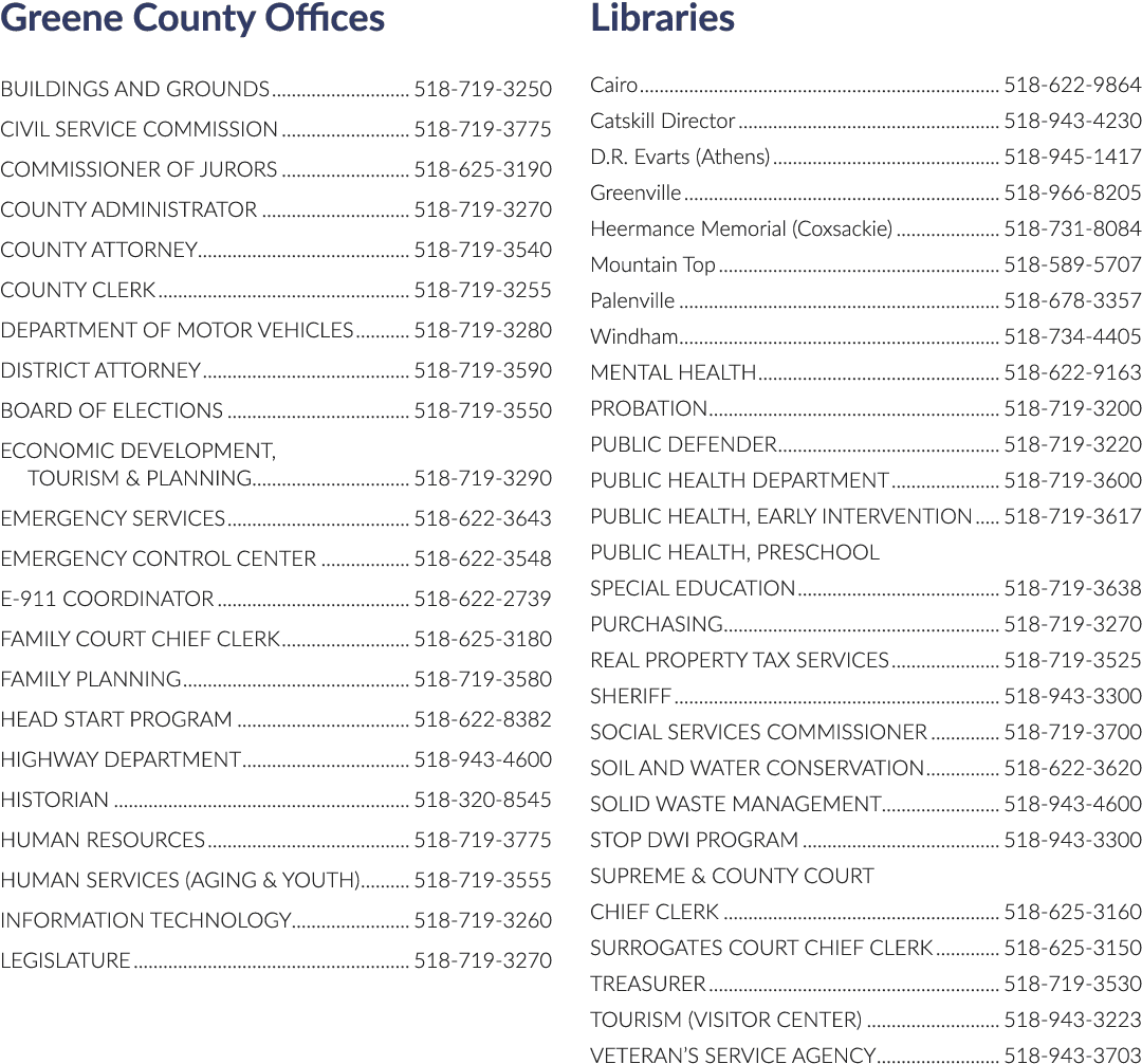 Greene County Offices BUILDINGS AND GROUNDS 518 719 3250 CIVIL SERVICE COMMISSION 518 719 3775 COMMISSIONER OF JURORS...
