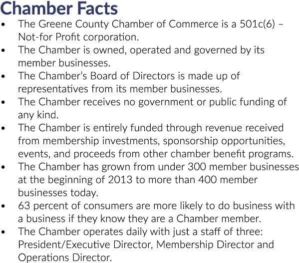 Chamber Facts • The Greene County Chamber of Commerce is a 501c(6) – Not for Profit corporation. • The Chamber is own...