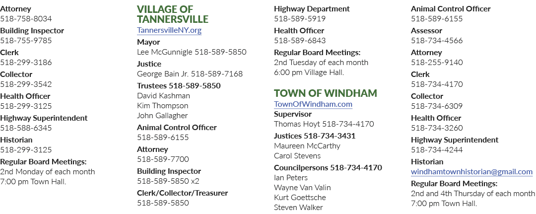 Attorney 518 758 8034 Building Inspector 518 755 9785 Clerk 518 299 3186 Collector 518 299 3542 Health Officer 518 29...