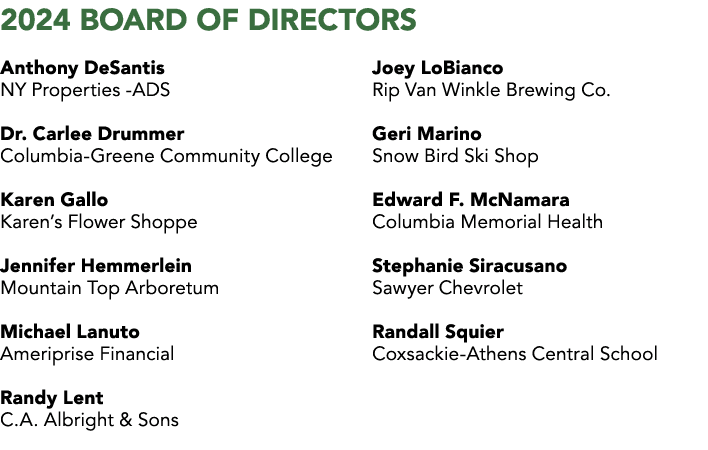 2024 BOARD OF DIRECTORS Anthony DeSantis NY Properties ADS Dr. Carlee Drummer Columbia Greene Community College Karen...