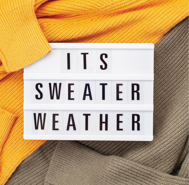 Flat lay with comfort warm outfit for cold weather. Lightbox with the text It's Sweater Weather. Comfortable autumn, winter clothes shopping, sale, style in trendy colors concept