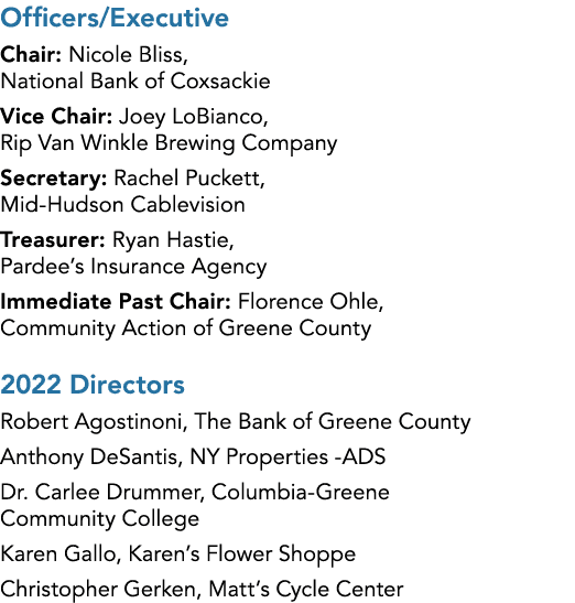 Officers Executive Chair: Nicole Bliss, National Bank of Coxsackie Vice Chair: Joey LoBianco, Rip Van Winkle Brewing    
