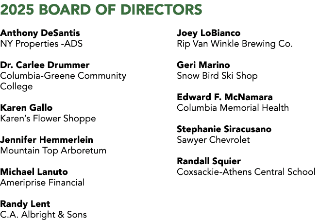 2025 BOARD OF DIRECTORS Anthony DeSantis NY Properties ADS Dr. Carlee Drummer Columbia Greene Community College Karen...