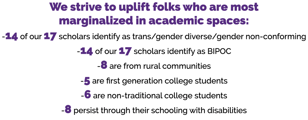 We strive to uplift folks who are most marginalized in academic spaces: 14 of our 17 scholars identify as trans/gende...