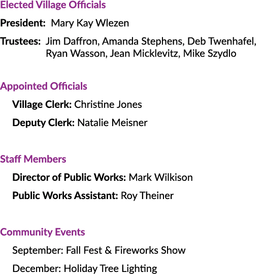 Elected Village Officials President: Mary Kay Wlezen Trustees: Jim Daffron, Amanda Stephens, Deb Twenhafel, Ryan Wass...