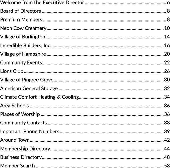 Welcome from the Executive Director 6 Board of Directors 8 Premium Members 8 Neon Cow Creamery 10 Village of Burlingt...