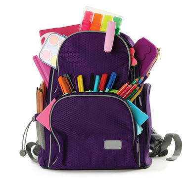 Purple backpack with different school stationery on white background