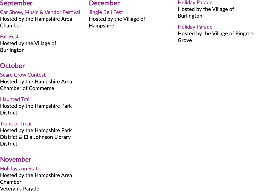 September Car Show, Music & Vendor Festival Hosted by the Hampshire Area Chamber Fall Fest Hosted by the Village of B...